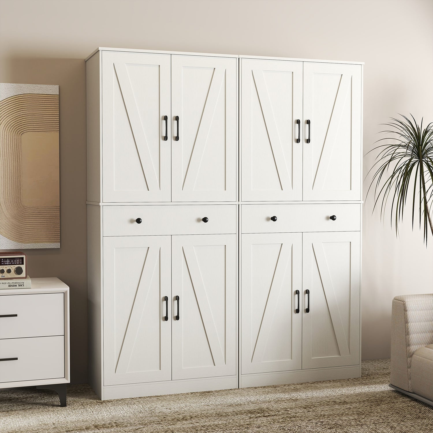 72 Inch Tall Modern Farmhouse Cupboard Cabinet with 4 Barn Doors