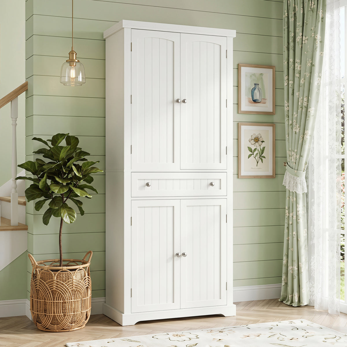 72â Tall Kitchen Cabinet Pantry Storage Cabinet with 4 Fluted Doors and 6 Door Shelves-White