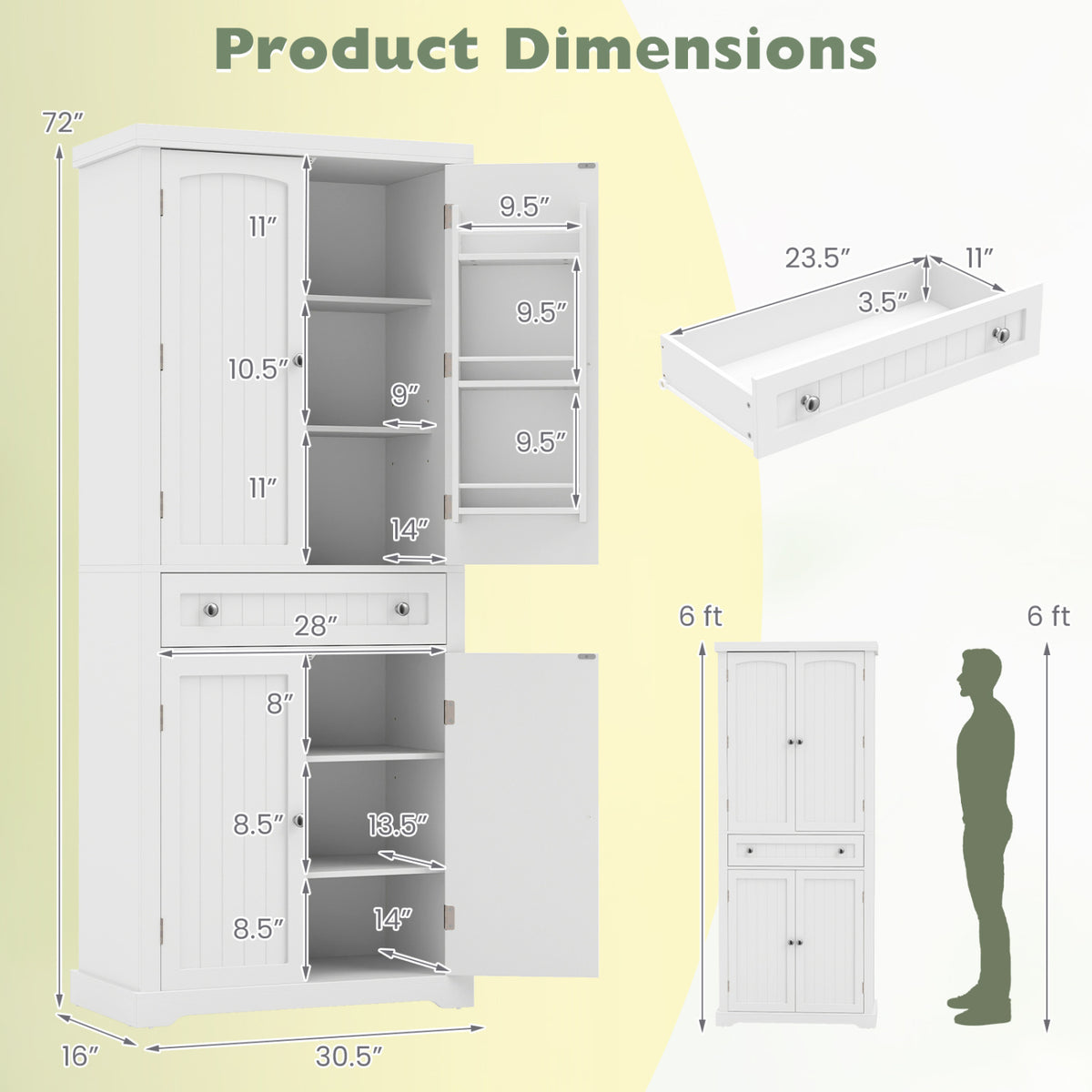 72â Tall Kitchen Cabinet Pantry Storage Cabinet with 4 Fluted Doors and 6 Door Shelves-White