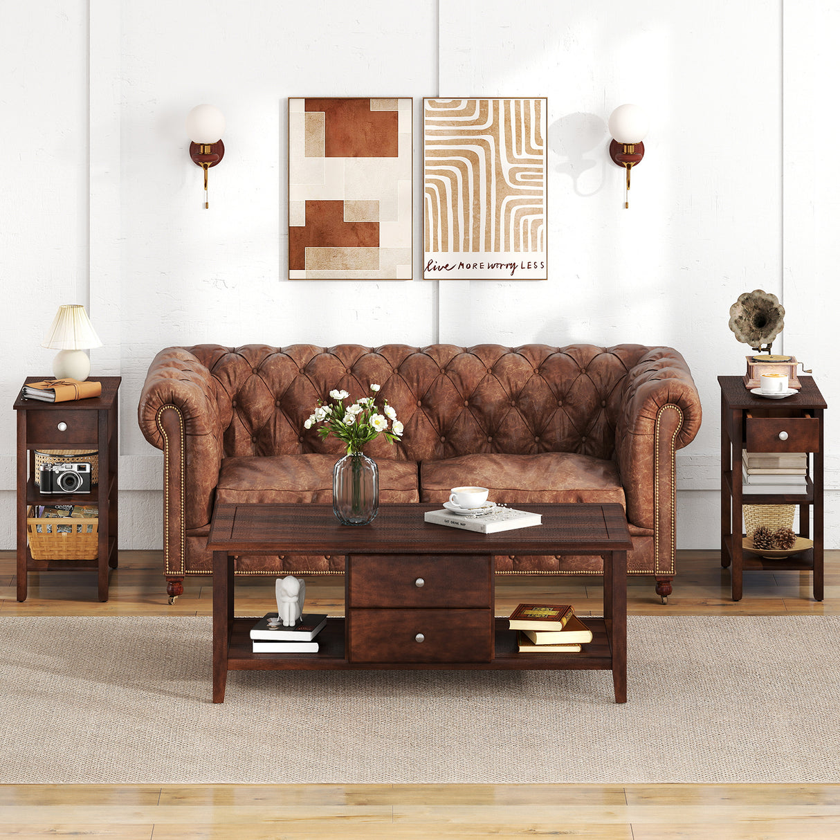 3-Tier Narrow End Table with Drawer and Storage Shelves Set of 2