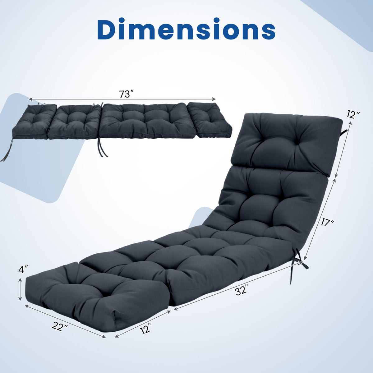 Outdoor Lounge Chaise Cushion 73"x22" with High Back String Ties