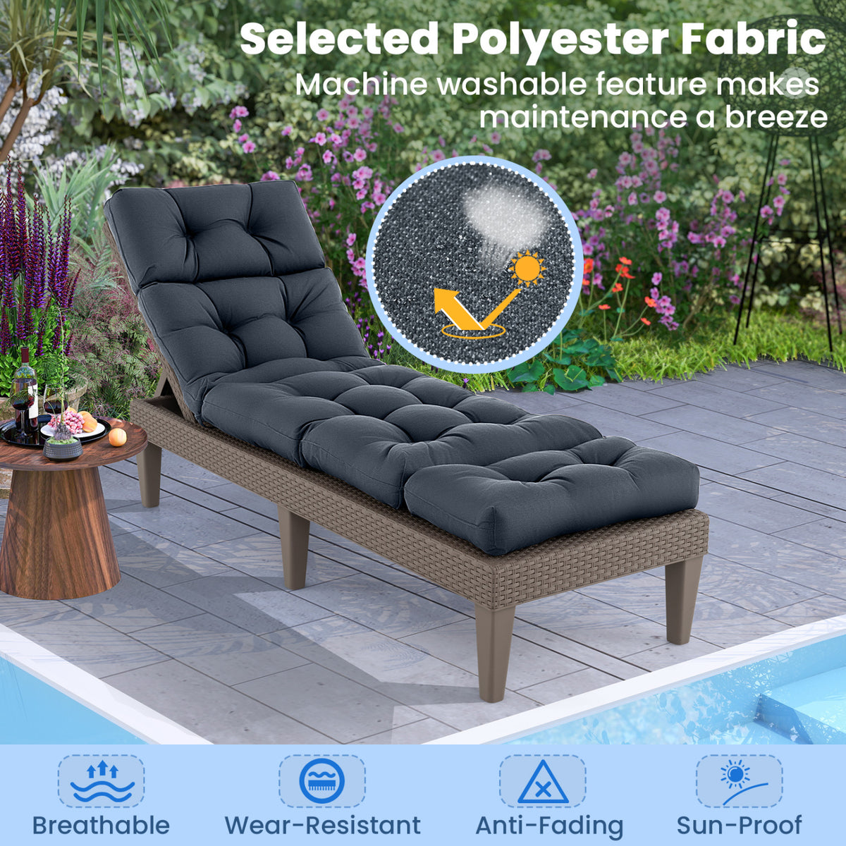 Outdoor Lounge Chaise Cushion 73"x22" with High Back String Ties