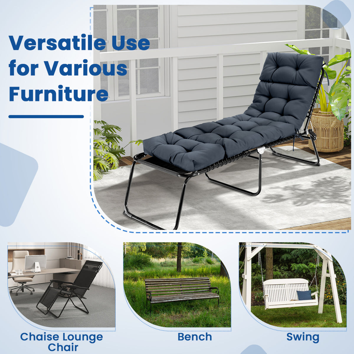 Outdoor Lounge Chaise Cushion 73"x22" with High Back String Ties