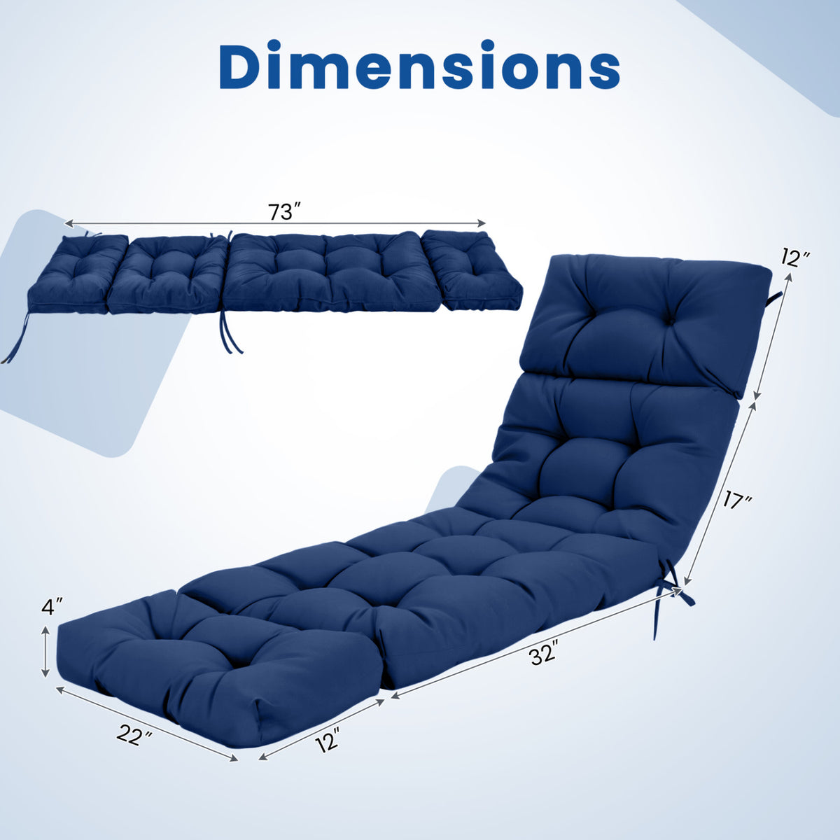 Outdoor Lounge Chaise Cushion 73"x22" with High Back String Ties