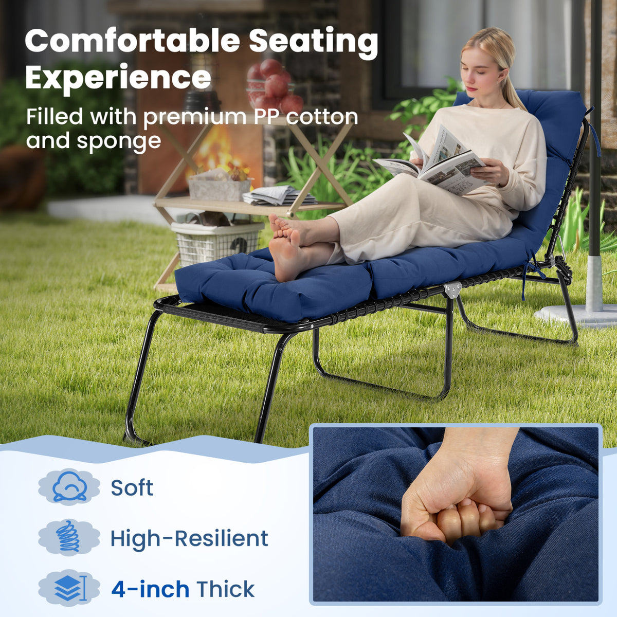 Outdoor Lounge Chaise Cushion 73"x22" with High Back String Ties