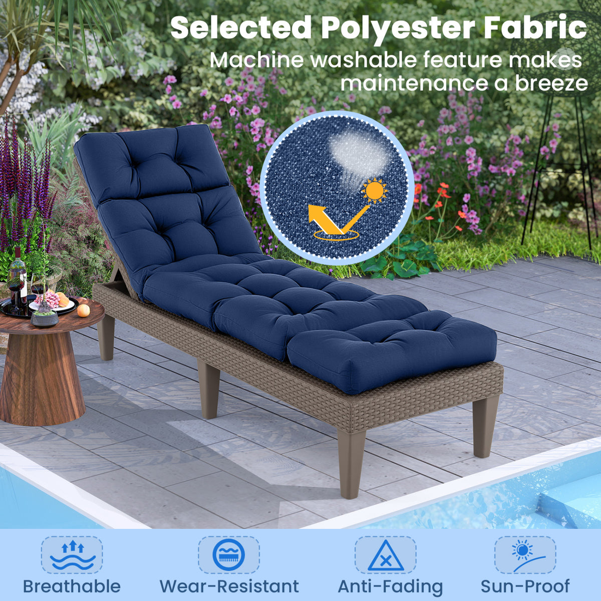 Outdoor Lounge Chaise Cushion 73"x22" with High Back String Ties