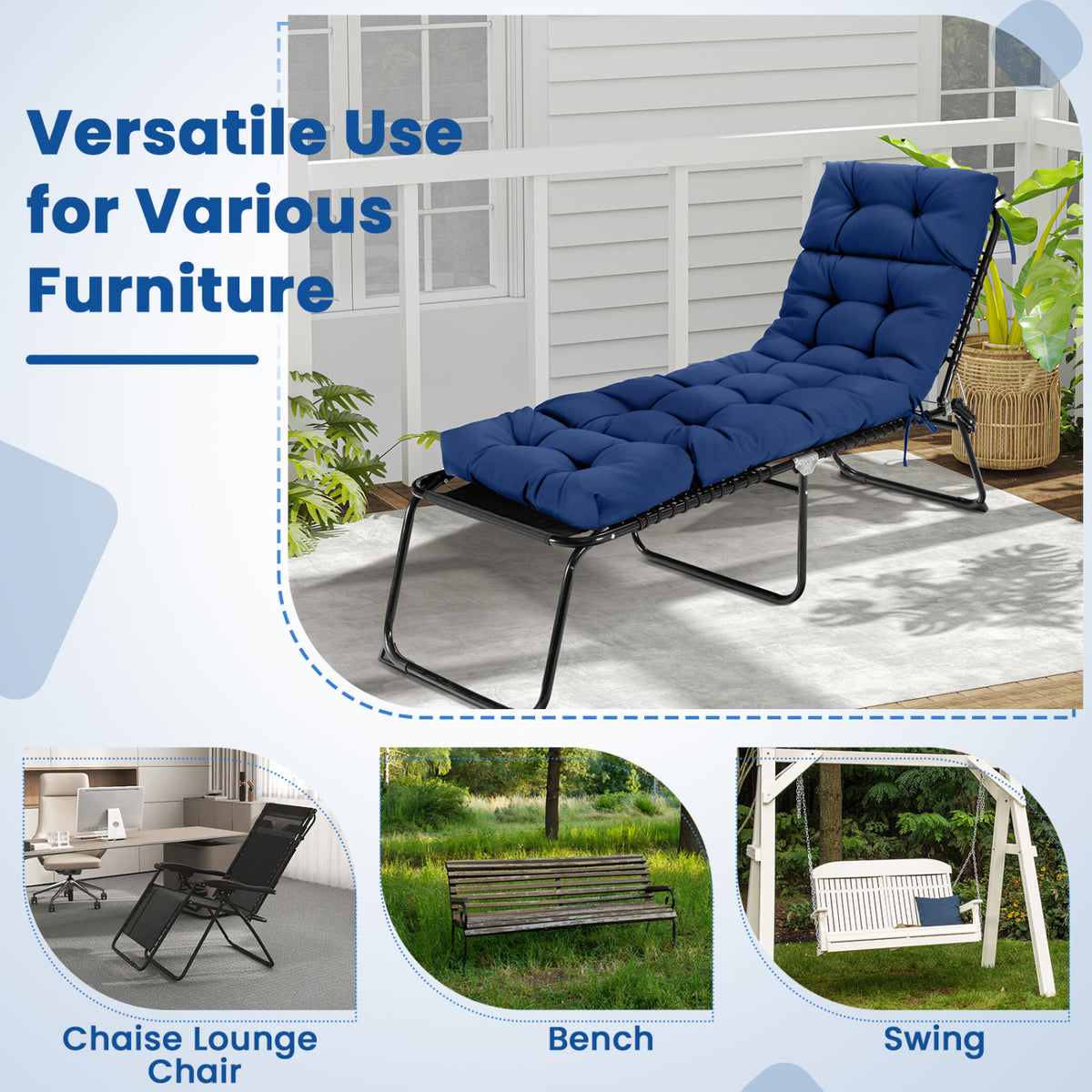 Outdoor Lounge Chaise Cushion 73"x22" with High Back String Ties