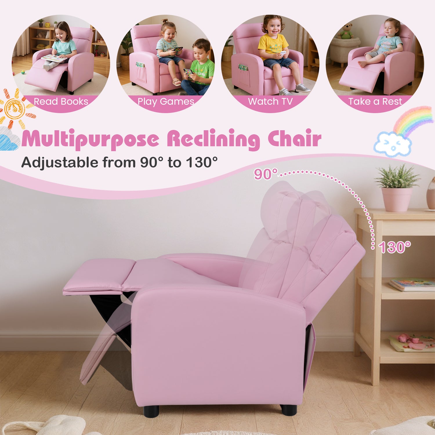 Ergonomic PU Leather Kids Recliner Lounge Sofa for 3-12 Age Group