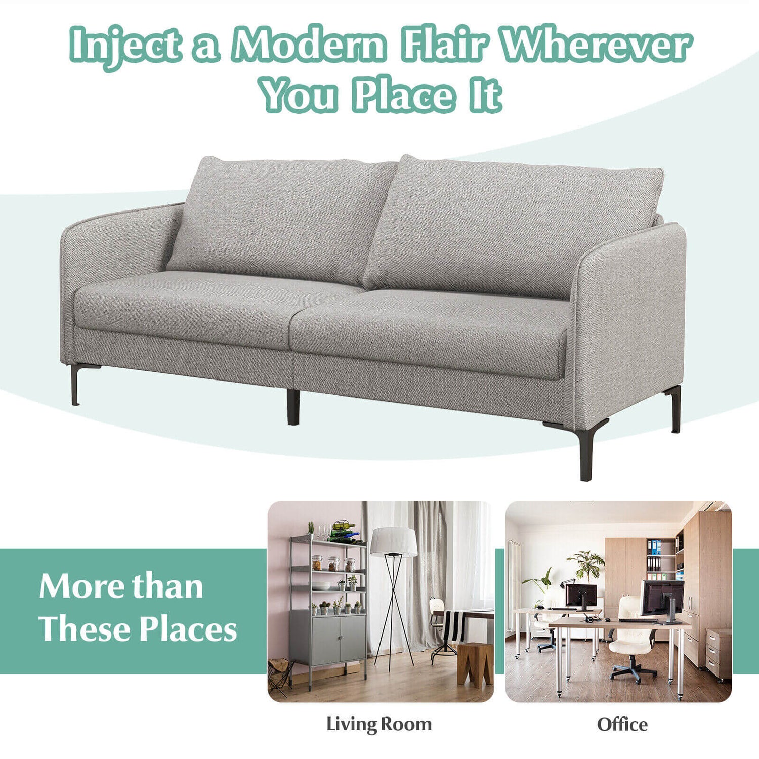 Modern 76 Inch Loveseat Sofa Couch for Apartment Dorm with Metal Legs-Gray