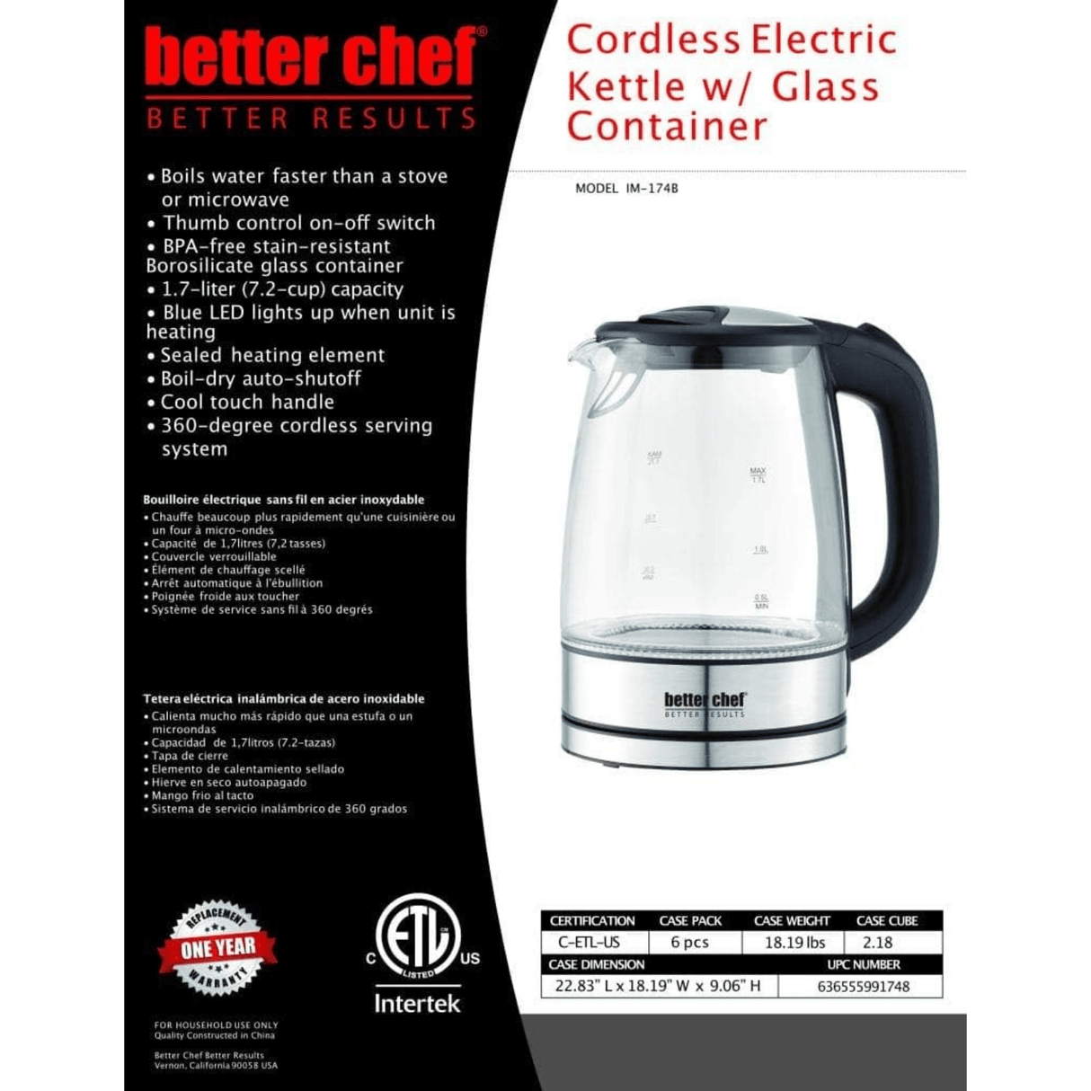 Better Chef 1100W 7-Cup Cordless Electric Borosilicate Glass Kettle with Stainless Steel Accents