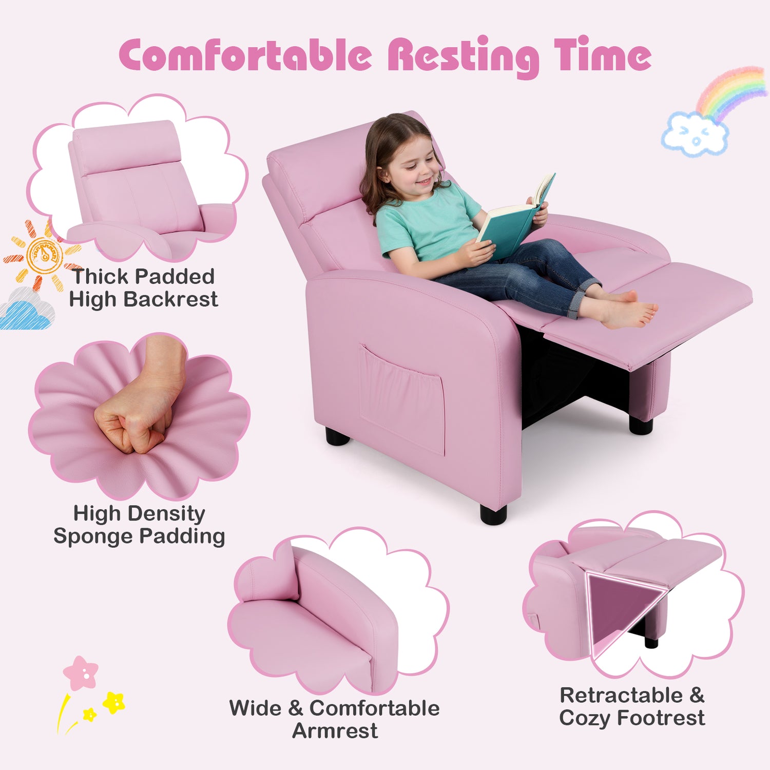 Ergonomic PU Leather Kids Recliner Lounge Sofa for 3-12 Age Group
