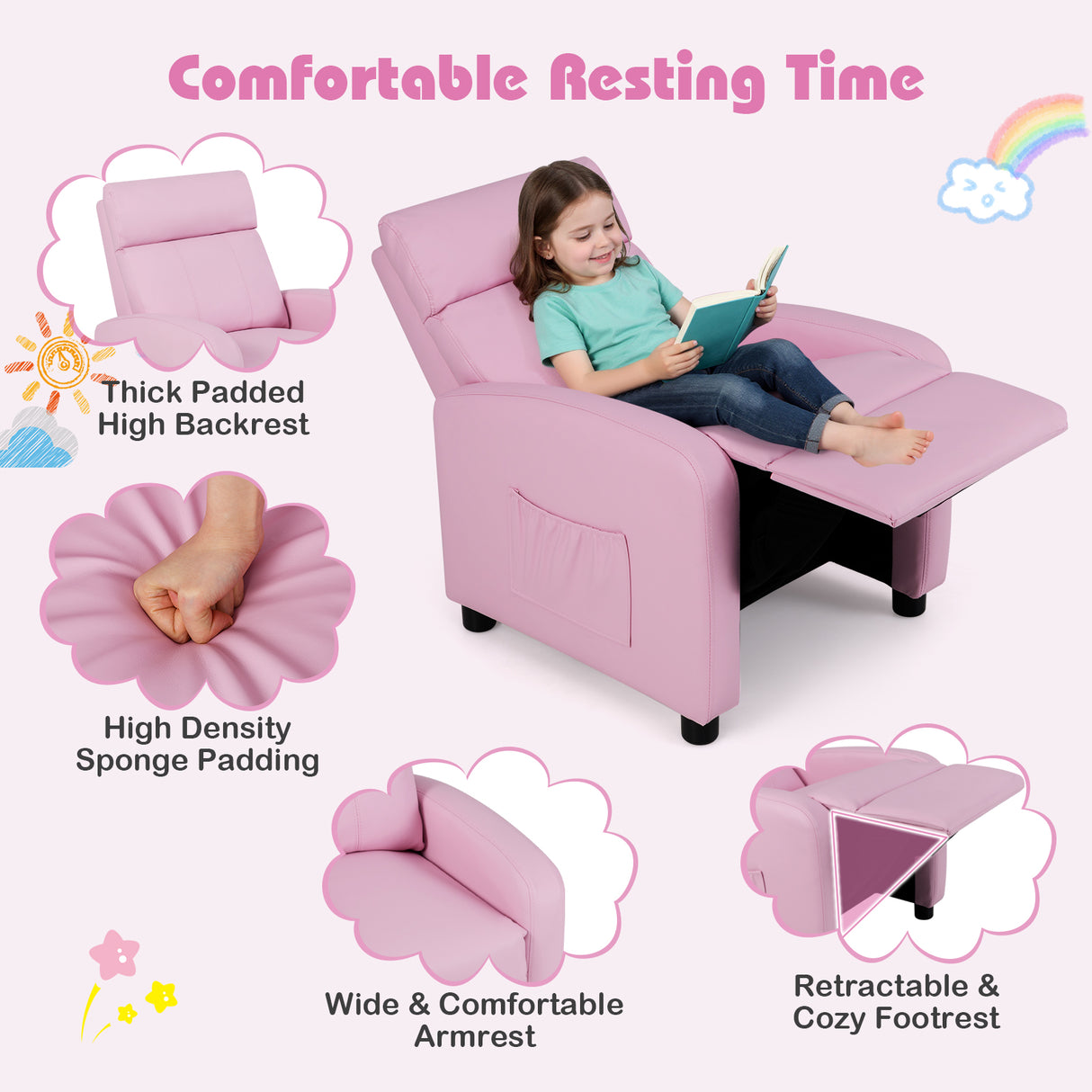 Ergonomic PU Leather Kids Recliner Lounge Sofa for 3-12 Age Group