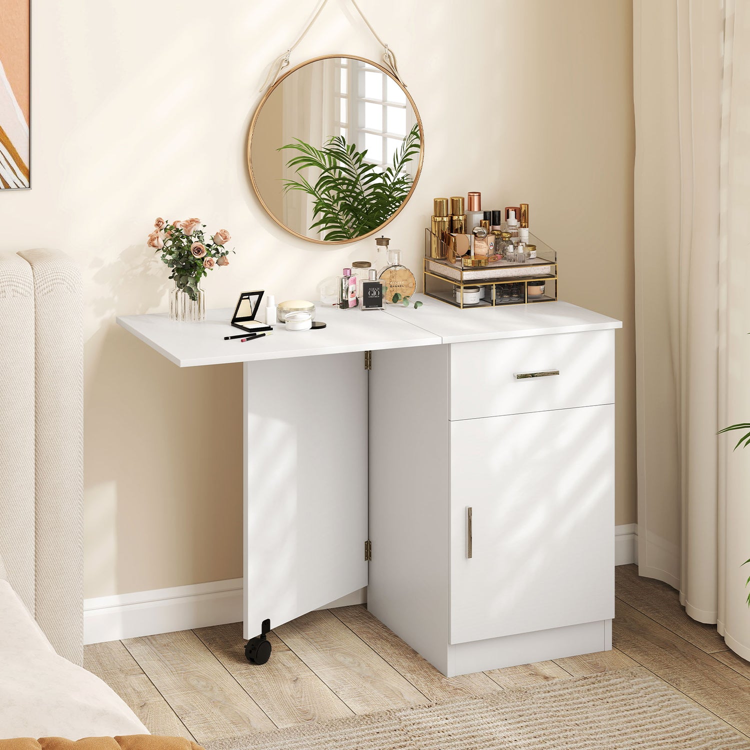 Folding Computer Desk with Drawer Mobile Home Office Desk with Cabinet