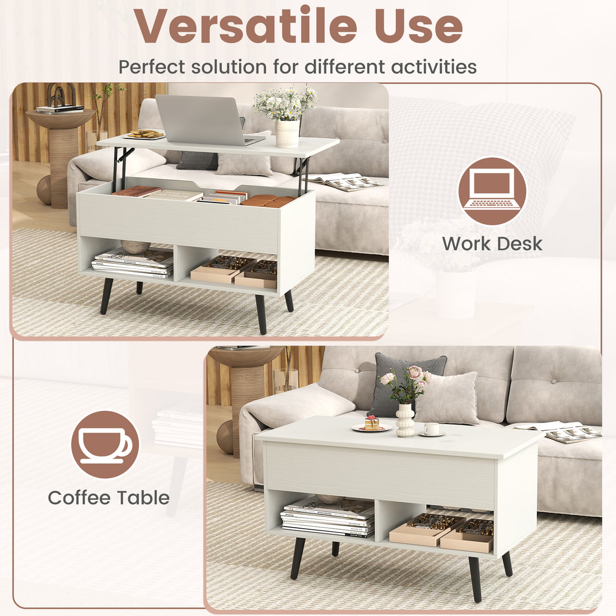 31.5 Inch Lift Top Coffee Table with Hidden Compartment and 2 Storage Shelves