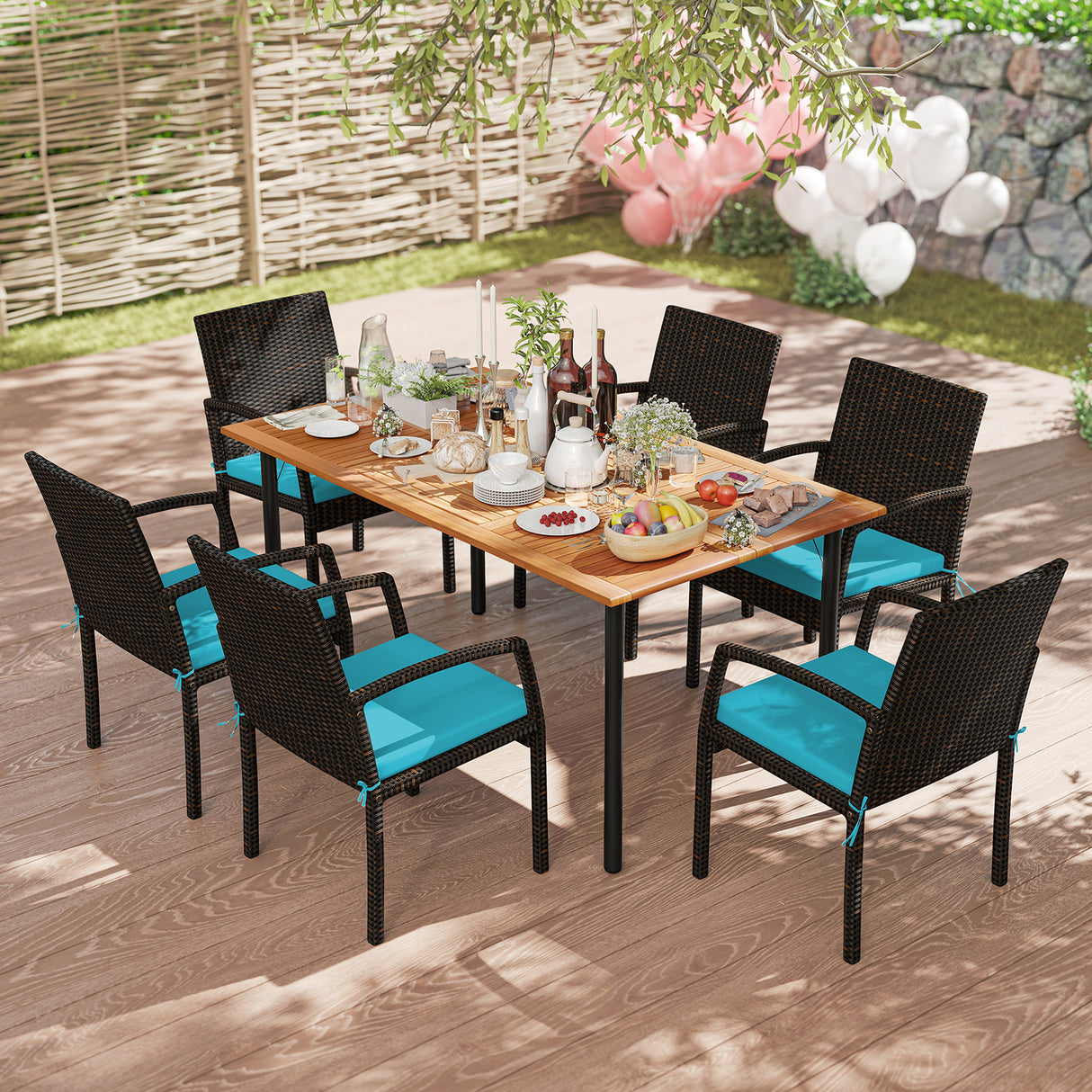 7 Pieces Patio Rattan Cushioned Dining Set with Umbrella Hole