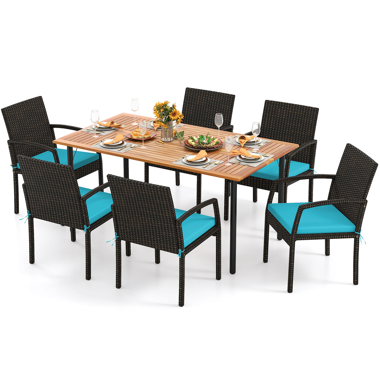 7 Pieces Patio Rattan Cushioned Dining Set with Umbrella Hole