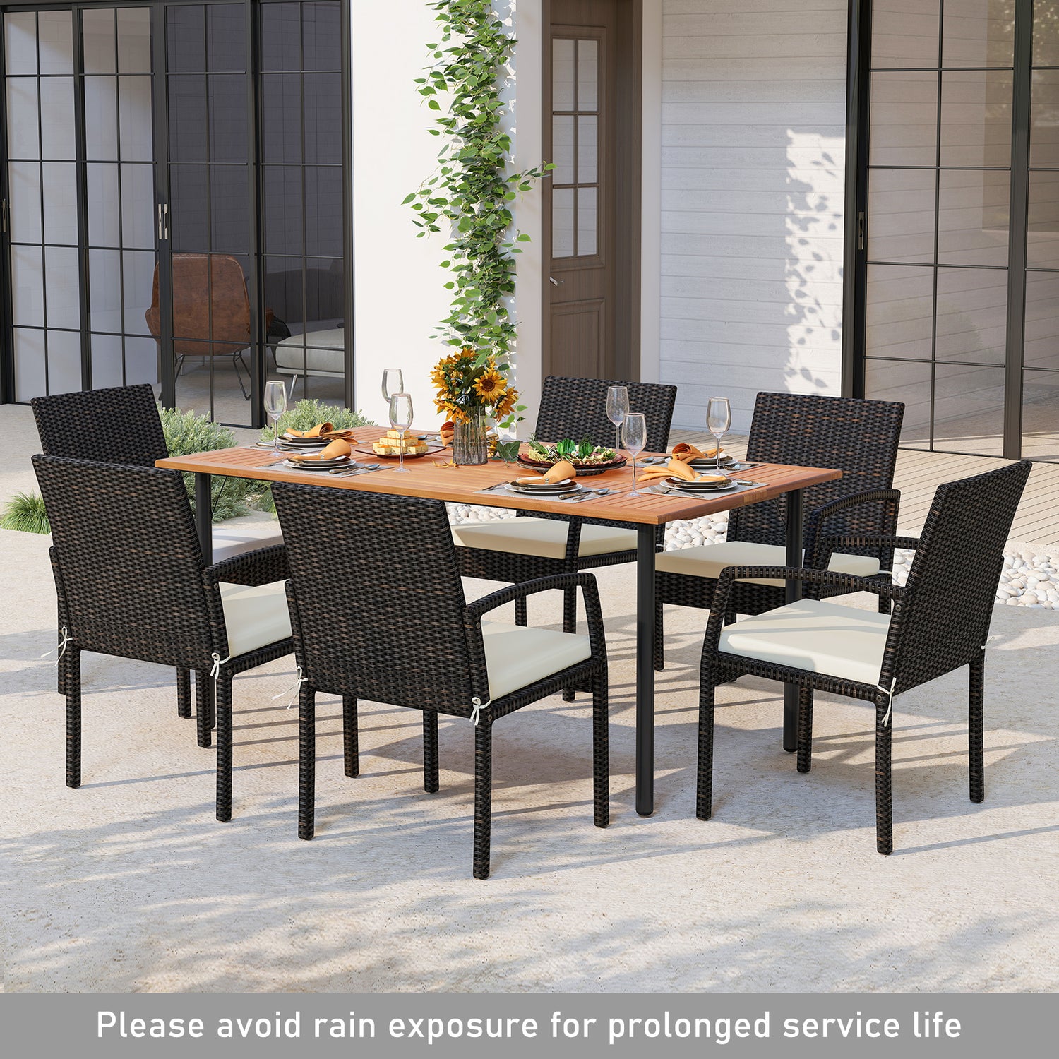 7 Pieces Patio Rattan Cushioned Dining Set with Umbrella Hole