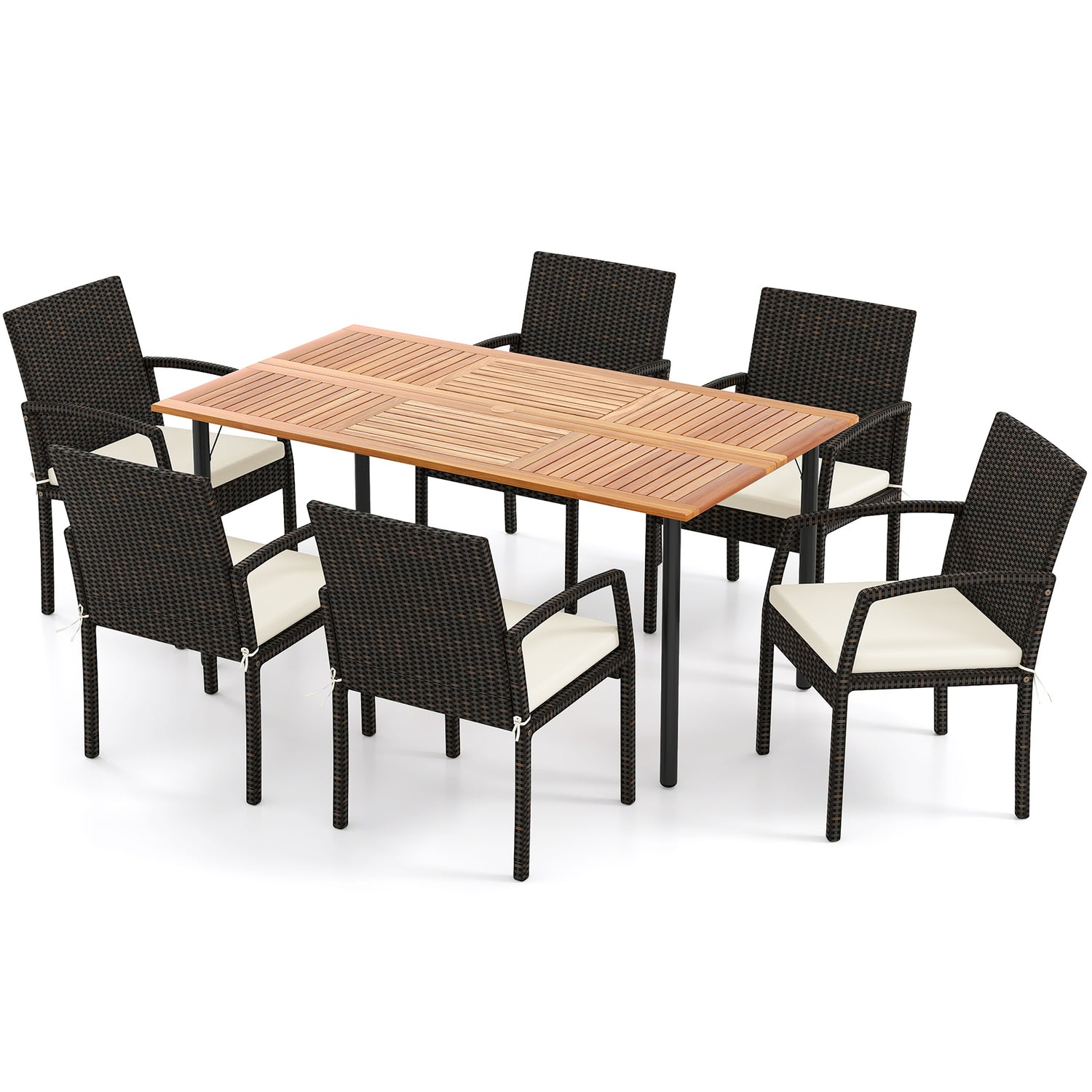 7 Pieces Patio Rattan Cushioned Dining Set with Umbrella Hole