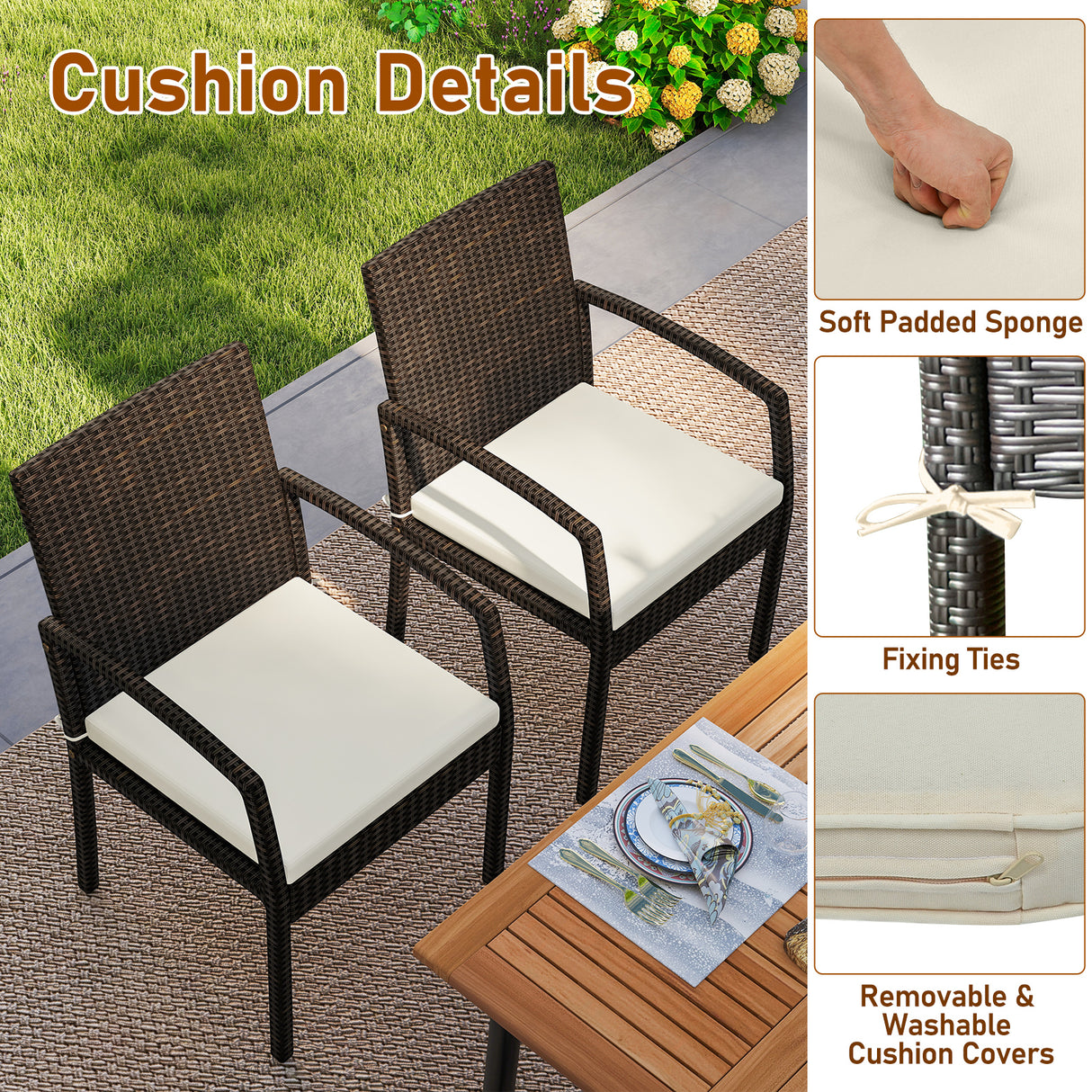 7 Pieces Patio Rattan Cushioned Dining Set with Umbrella Hole