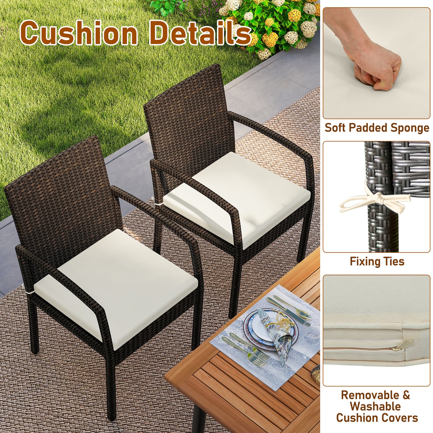 7 Pieces Patio Rattan Cushioned Dining Set with Umbrella Hole