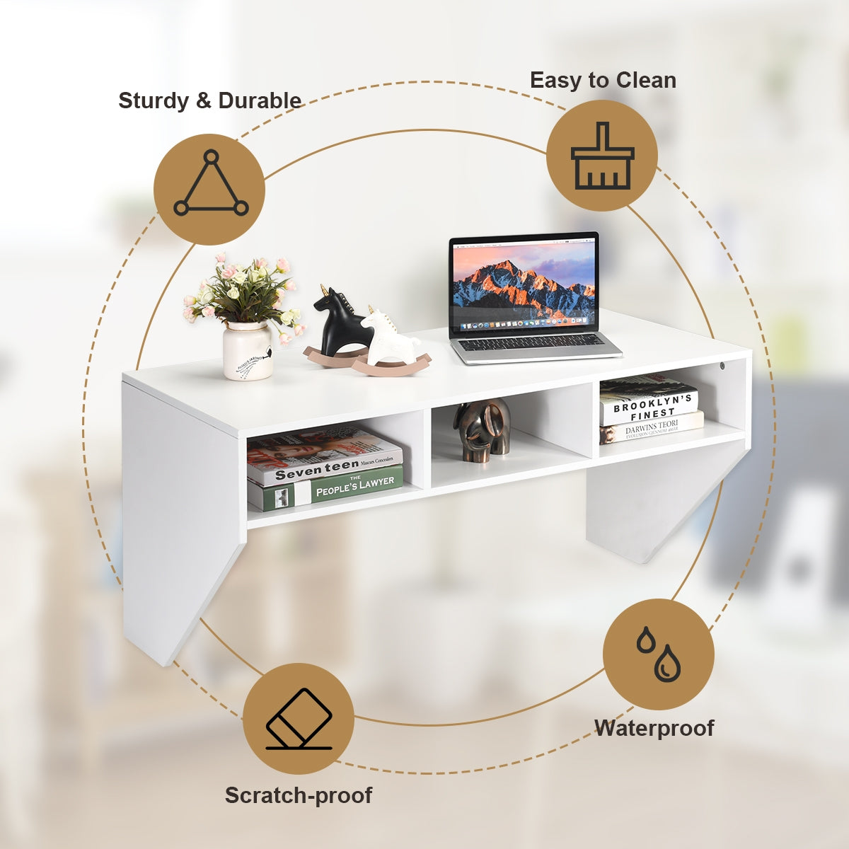Wall Mounted Floating Sturdy Computer Table with Storage Shelf