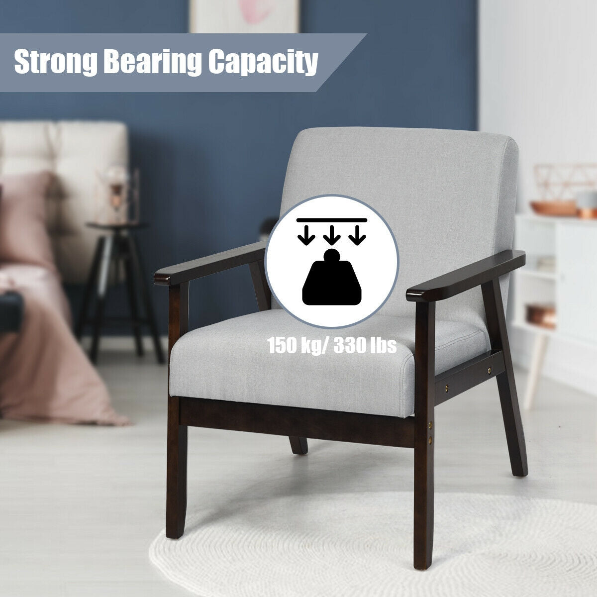 Solid Rubber Wood Fabric Accent Armchair