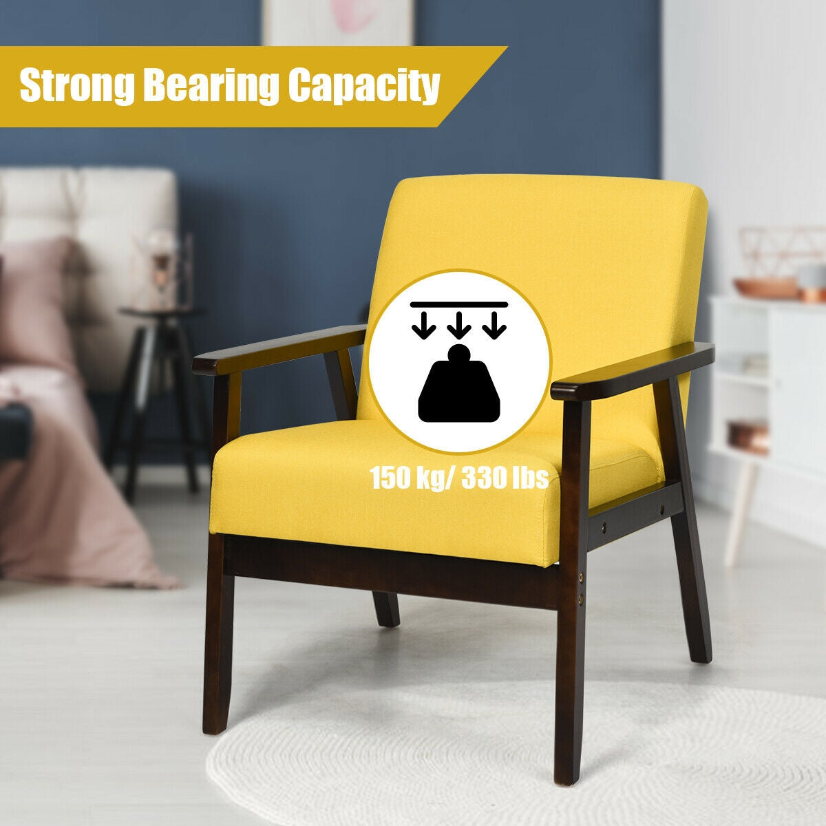 Solid Rubber Wood Fabric Accent Armchair