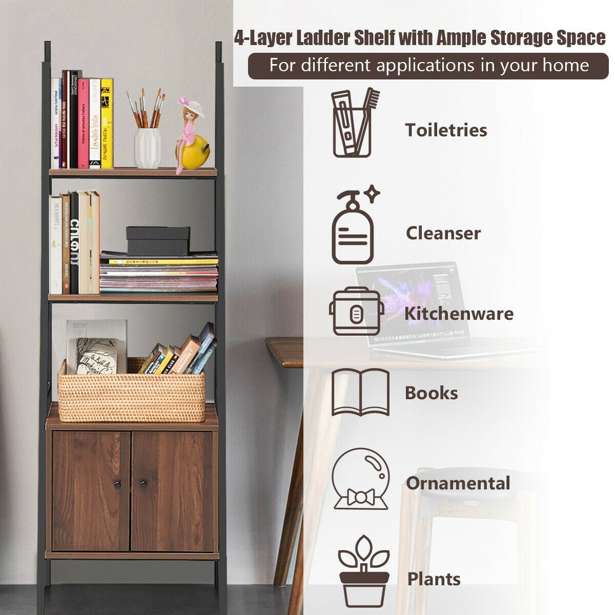 Ladder Shelf 3 Tier Bookcase Metal Frame Bookshelf