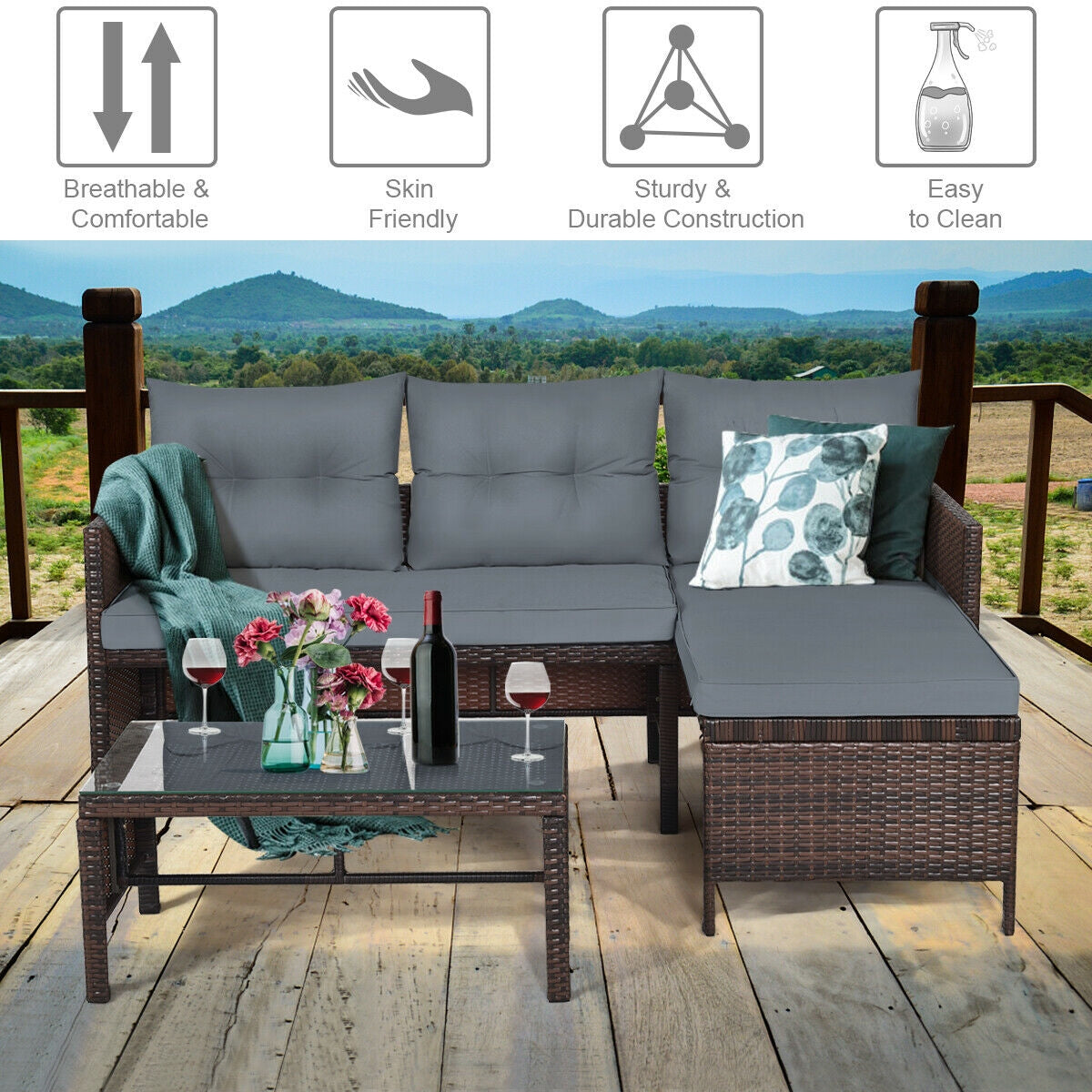 3 Pieces Patio Wicker Rattan Sofa Set