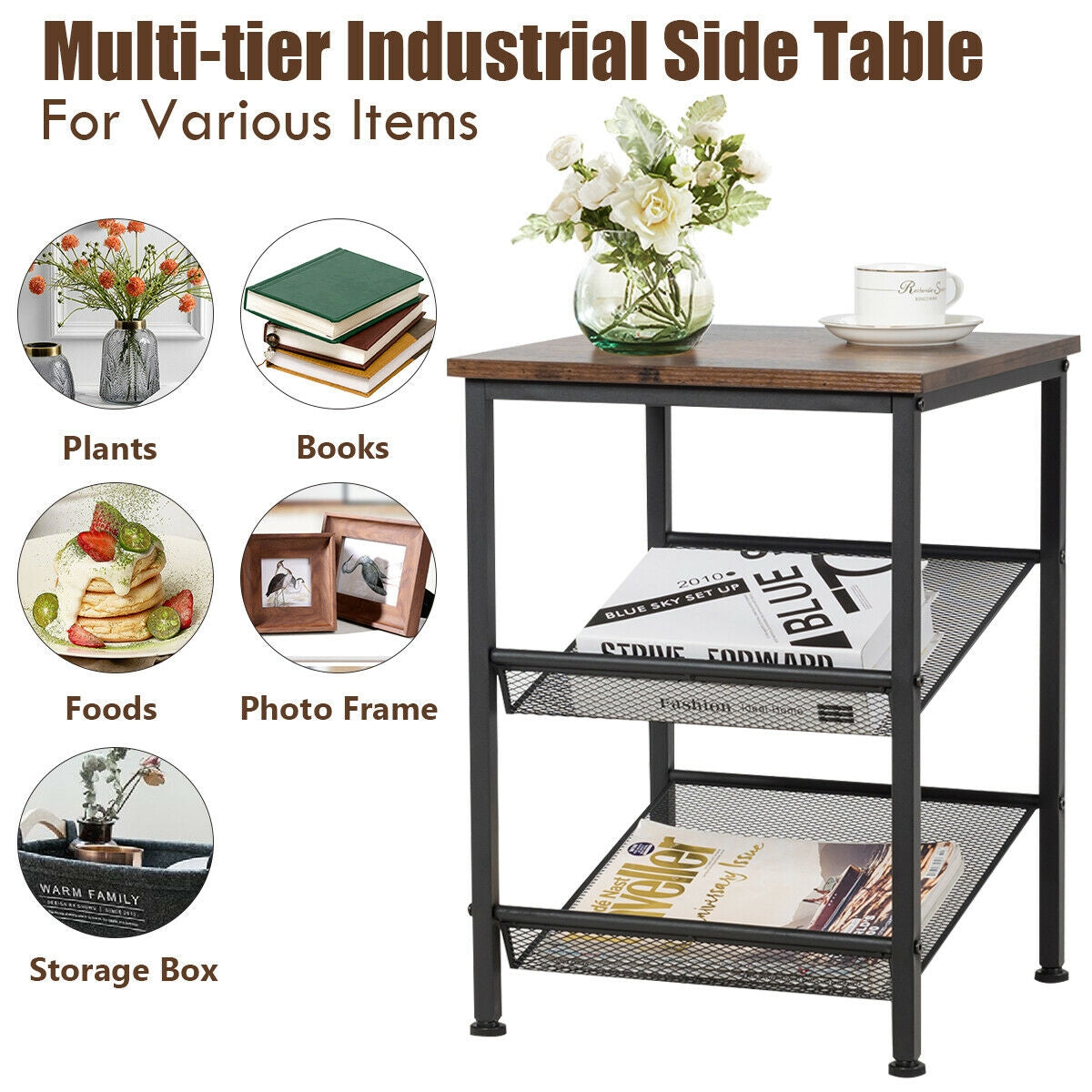 3-Tier Industrial End Table with Mesh Shelves and Adjustable Shelves