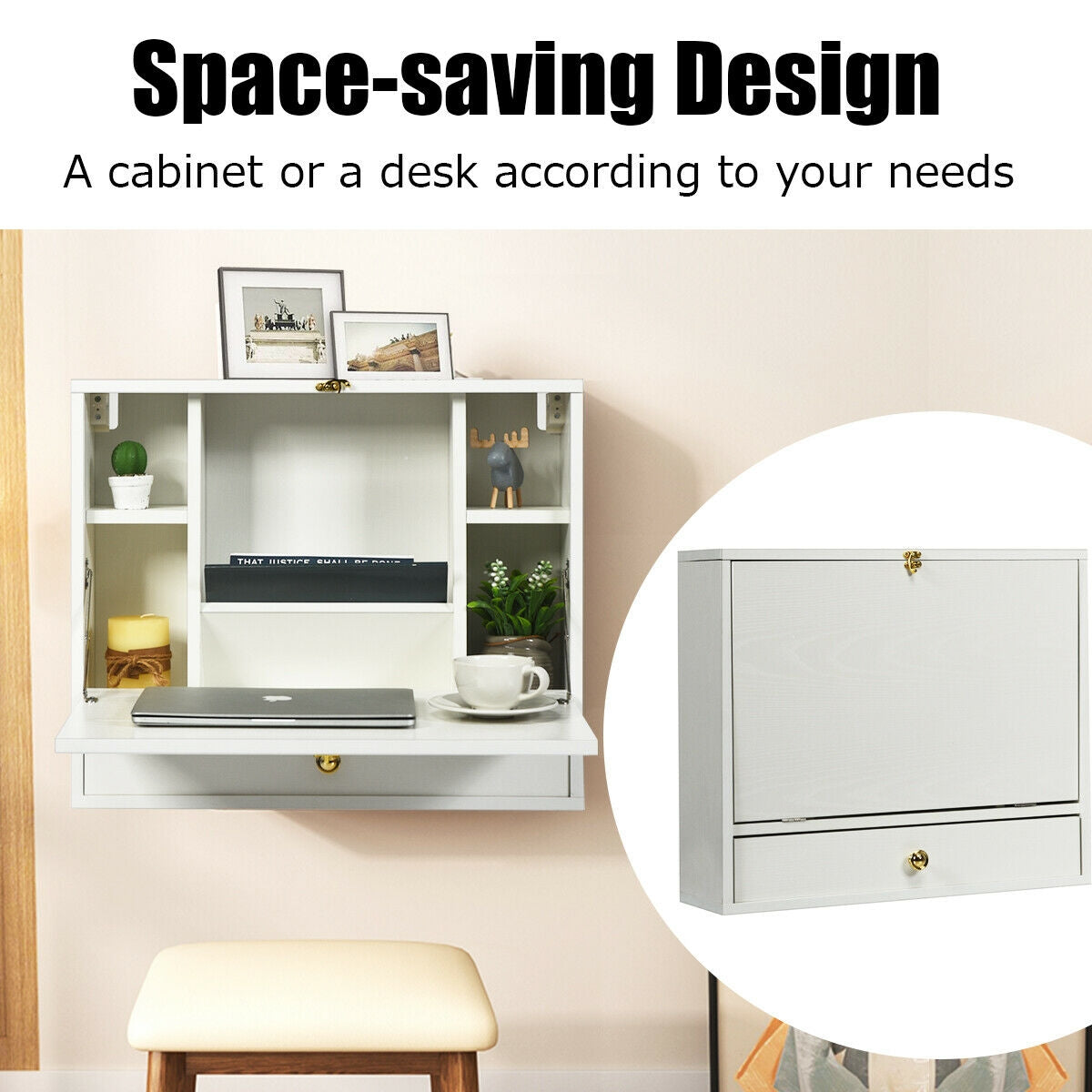 Wall Mounted Folding Laptop Desk Hideaway Organizer Storage-White