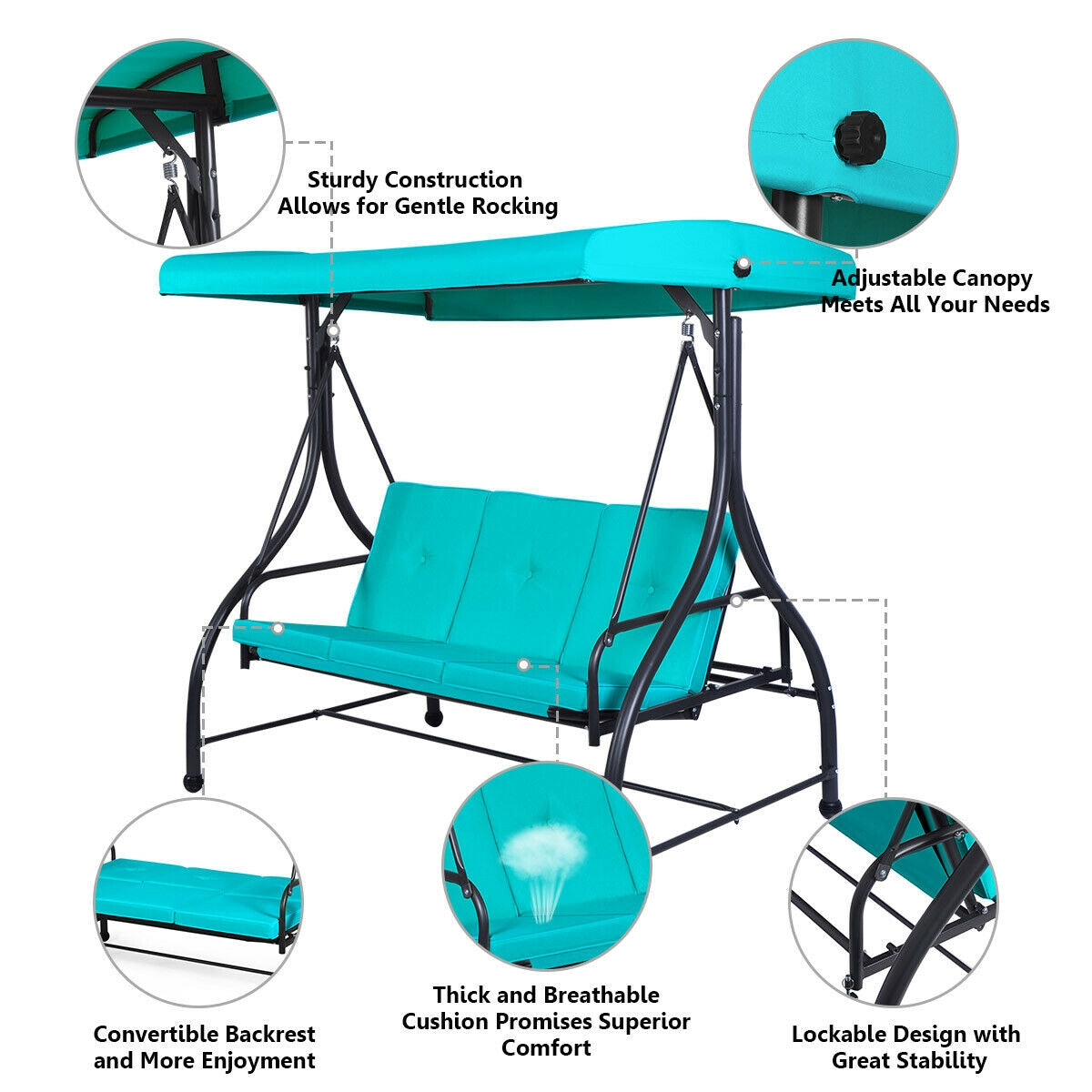 3 Seats Converting Outdoor Swing Canopy Hammock with Adjustable Tilt Canopy