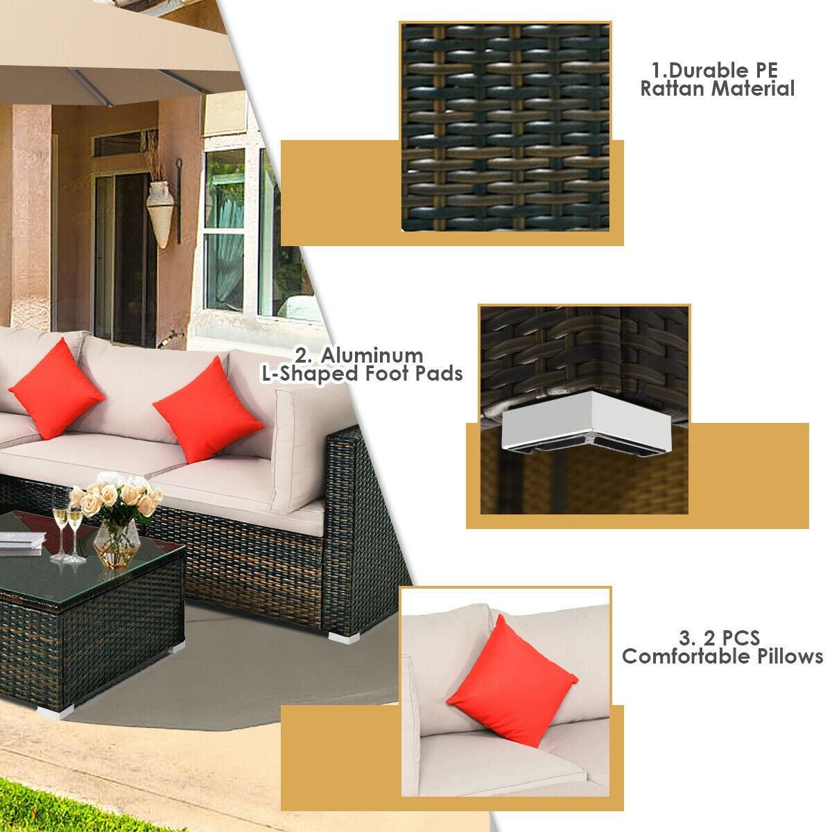 5 Pieces Outdoor Patio Rattan Furniture Set With Cushions