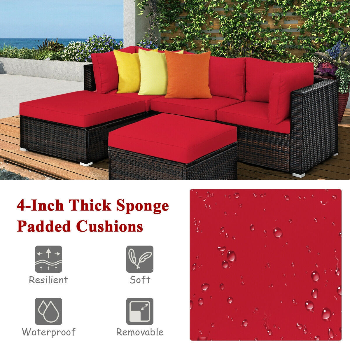 5 Pieces Patio Rattan Sectional Conversation Ottoman Furniture Set