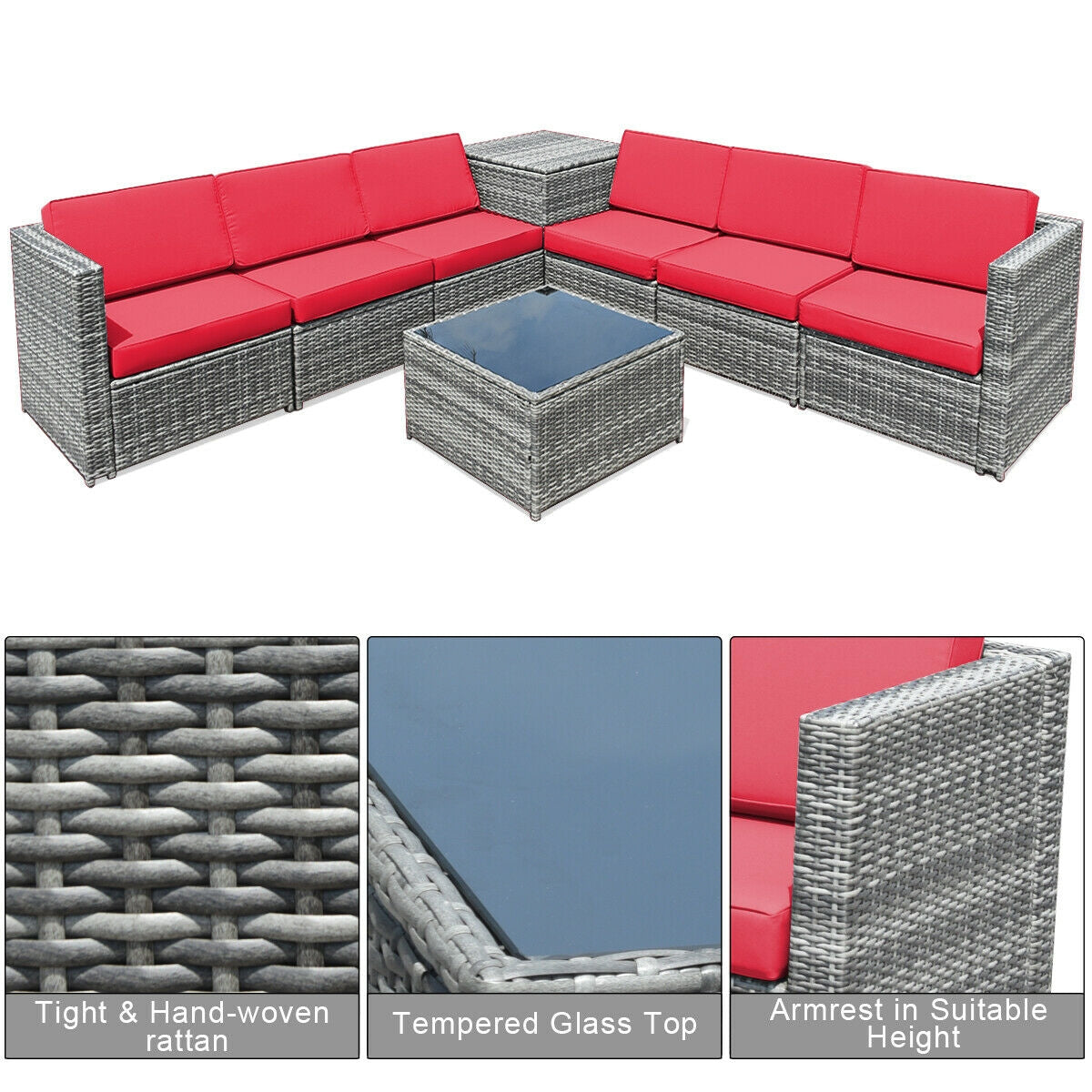 8 Piece Wicker Sofa Rattan Dinning Set Patio Furniture with Storage Table