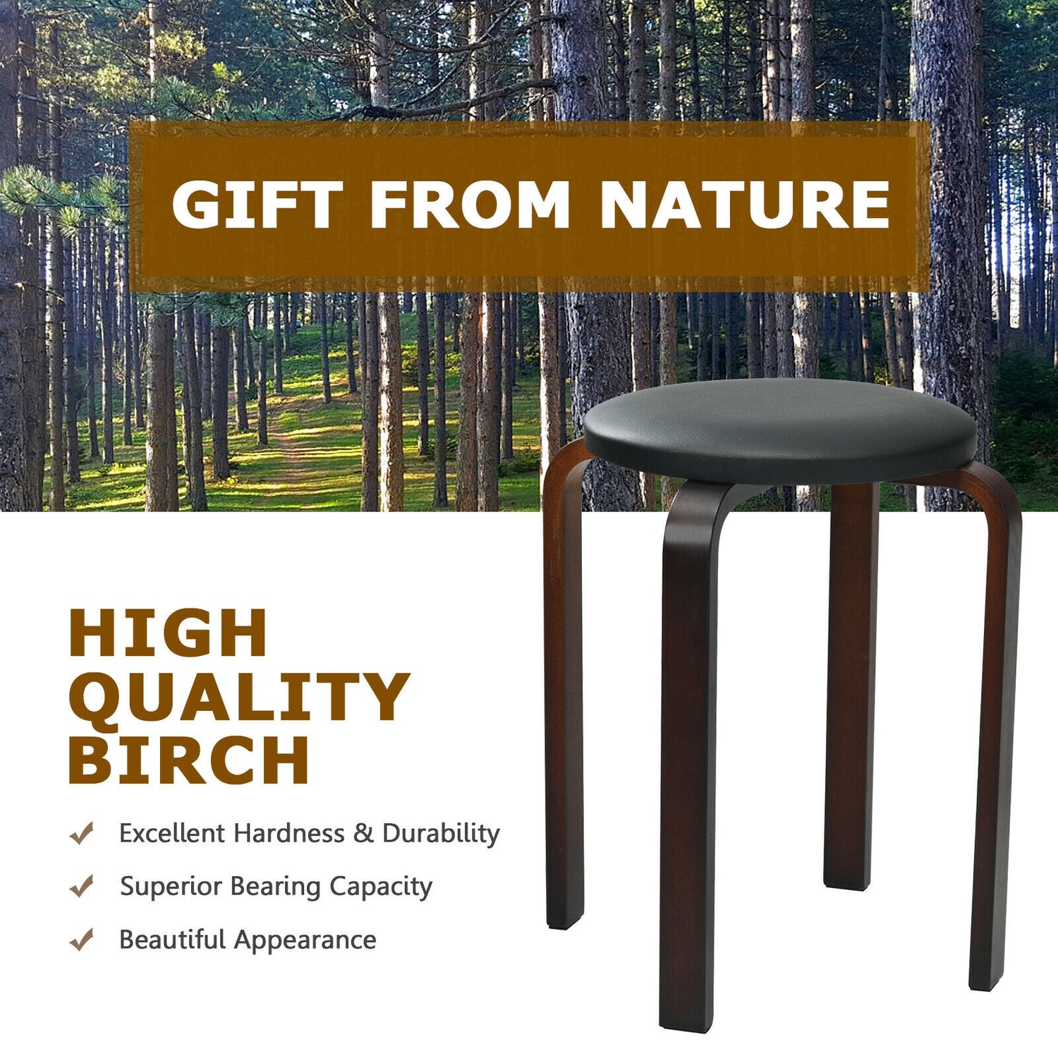 Set of 4 Bentwood Round Stool Stackable Dining Chairs with Padded Seat-Black