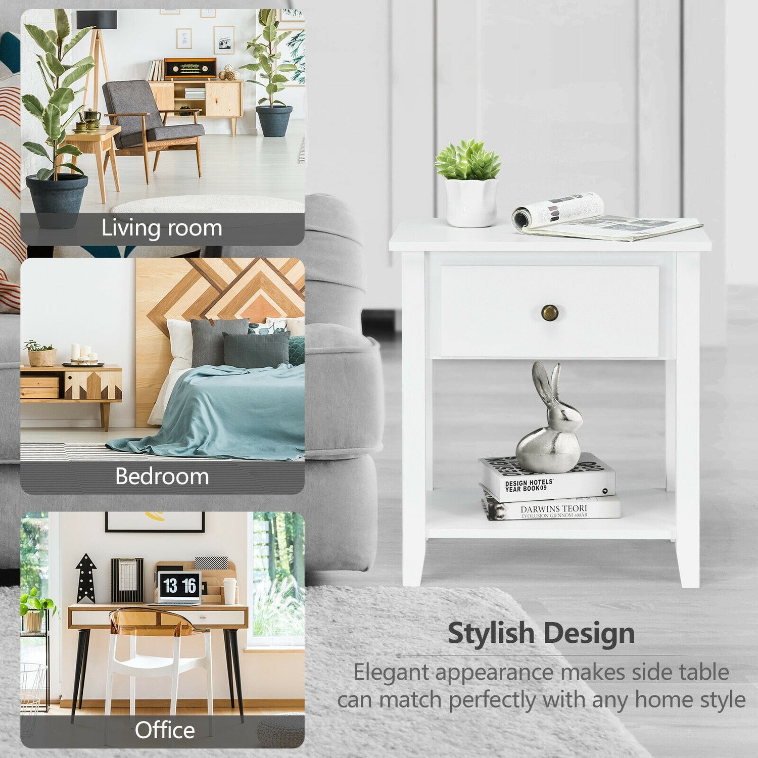 Nightstand with Drawer and Storage Shelf for Bedroom Living Room