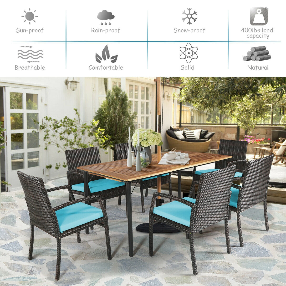 7PCS Patio Rattan Cushioned Dining Set with Umbrella Hole