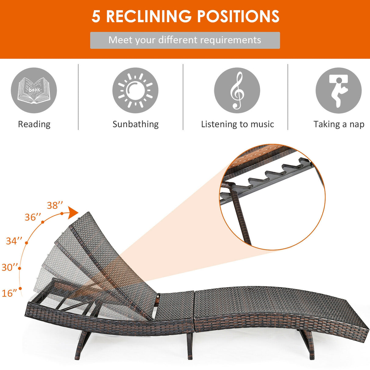 Patio Folding Chaise Lounge with 5 Adjustable Levels and Cushion