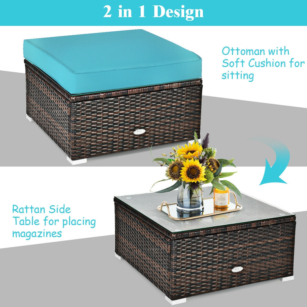 6 Pcs Patio Rattan Furniture Set with Sectional Cushion