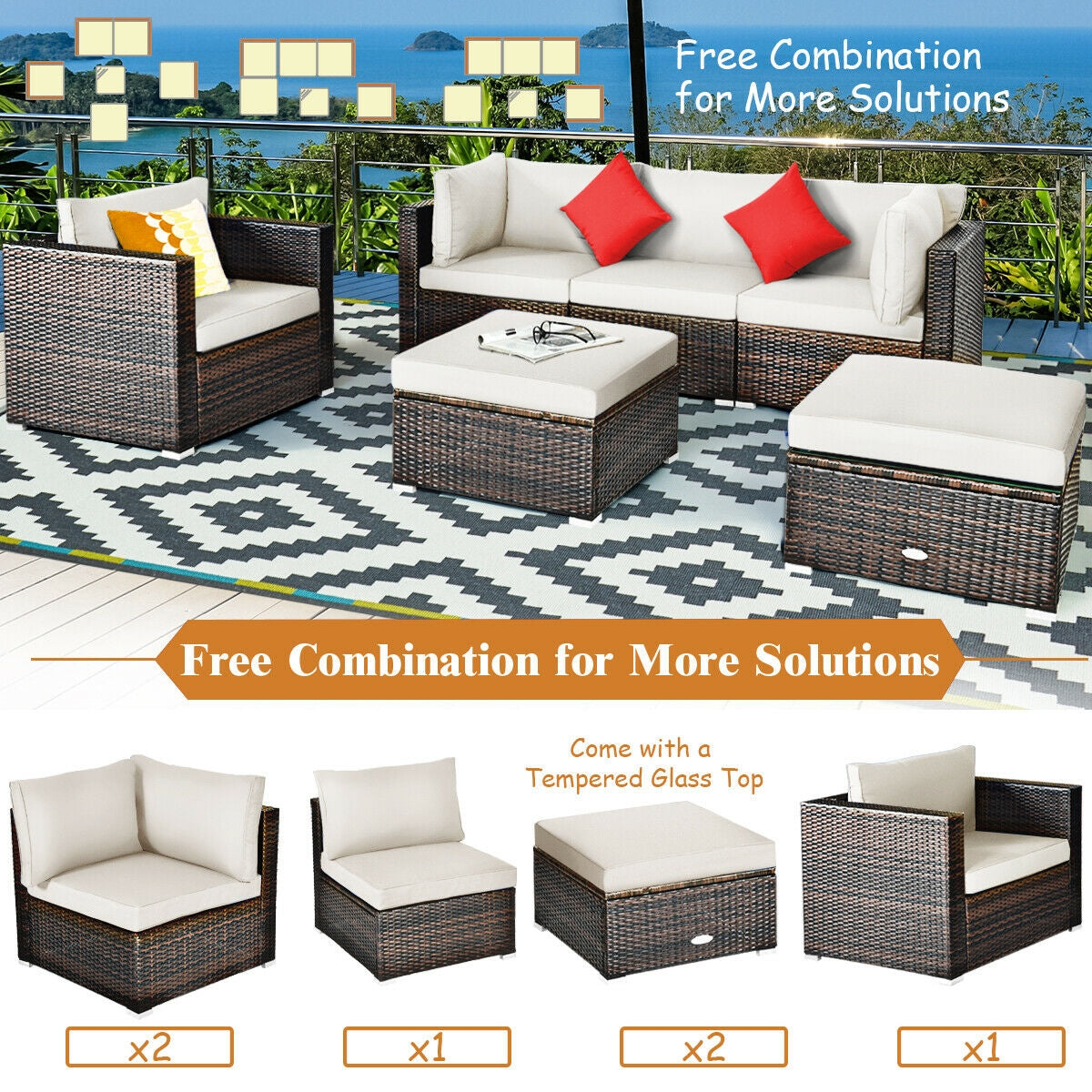 6 Pcs Patio Rattan Furniture Set with Sectional Cushion