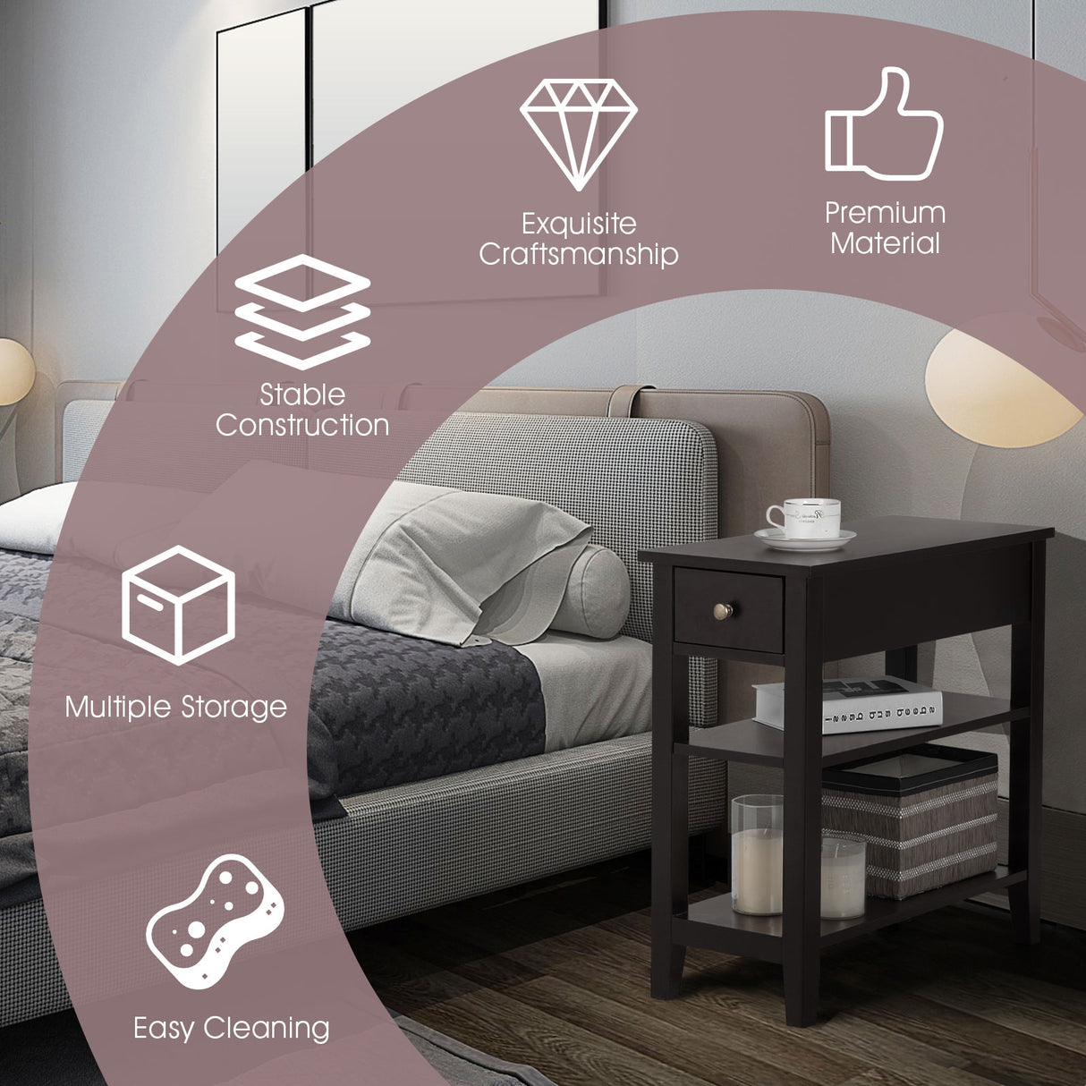 3-Tier Nightstand Bedside Table Sofa Side with Double Shelves Drawer