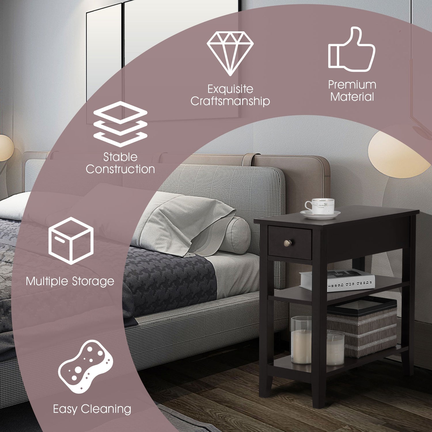 3-Tier Nightstand Bedside Table Sofa Side with Double Shelves Drawer