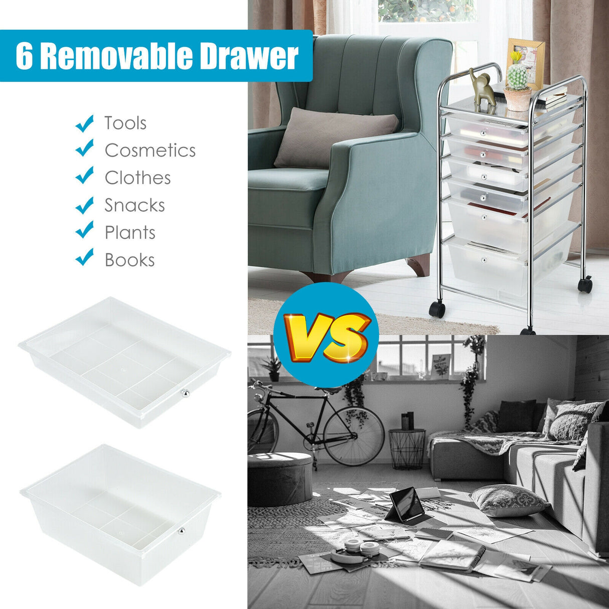 6 Drawers Rolling Storage Cart Organizer-Transparent