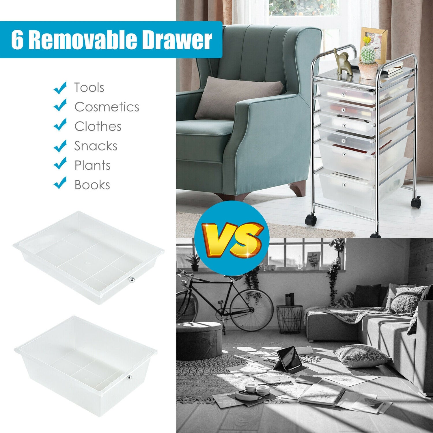 6 Drawers Rolling Storage Cart Organizer-Transparent