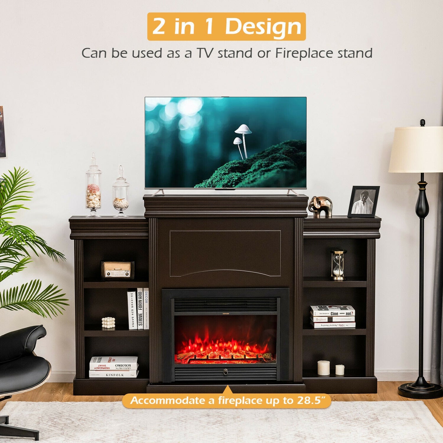 70 Inch Modern Fireplace Media Entertainment Center with Bookcase