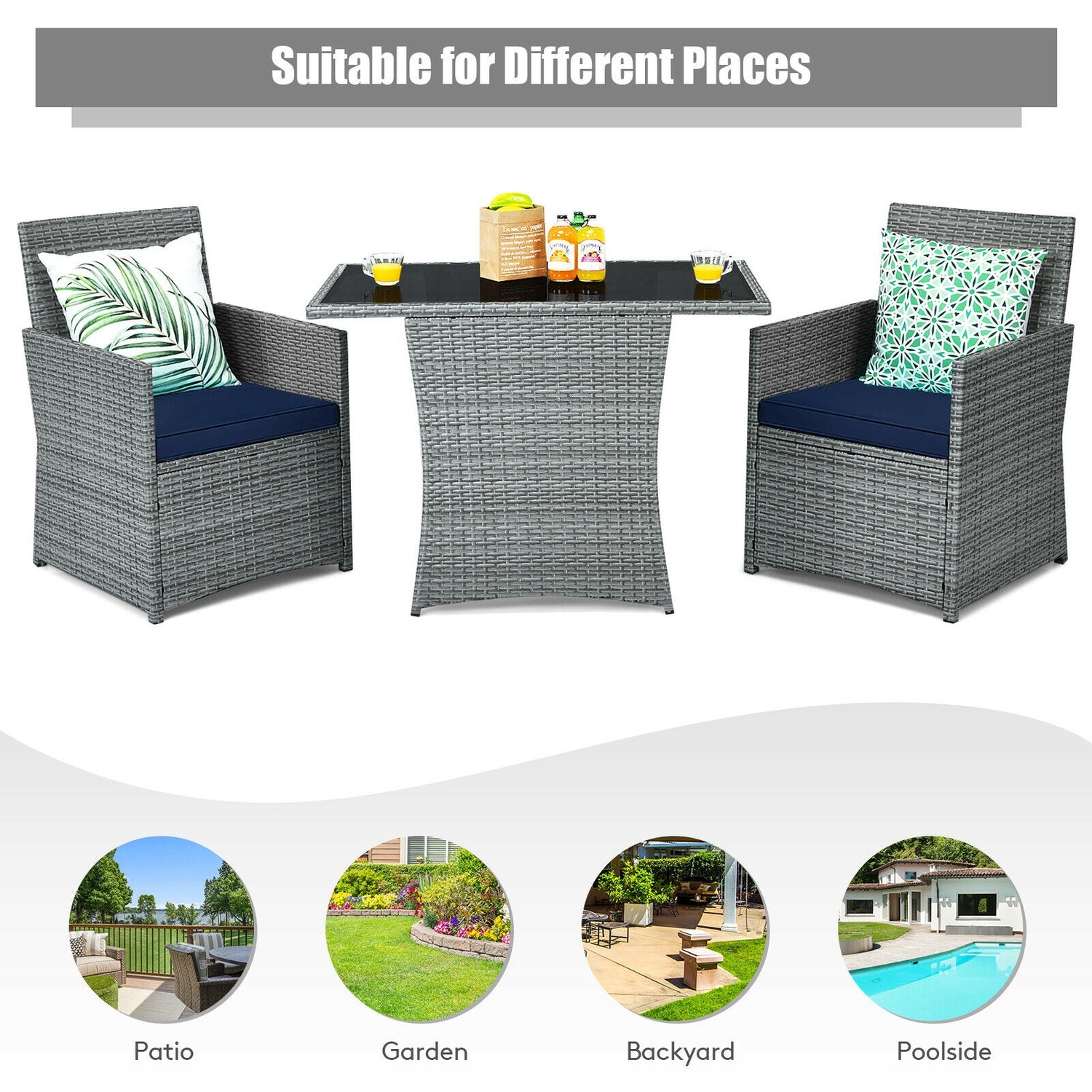 3 Pieces Patio Rattan Furniture Set with Cushioned Armrest Sofa
