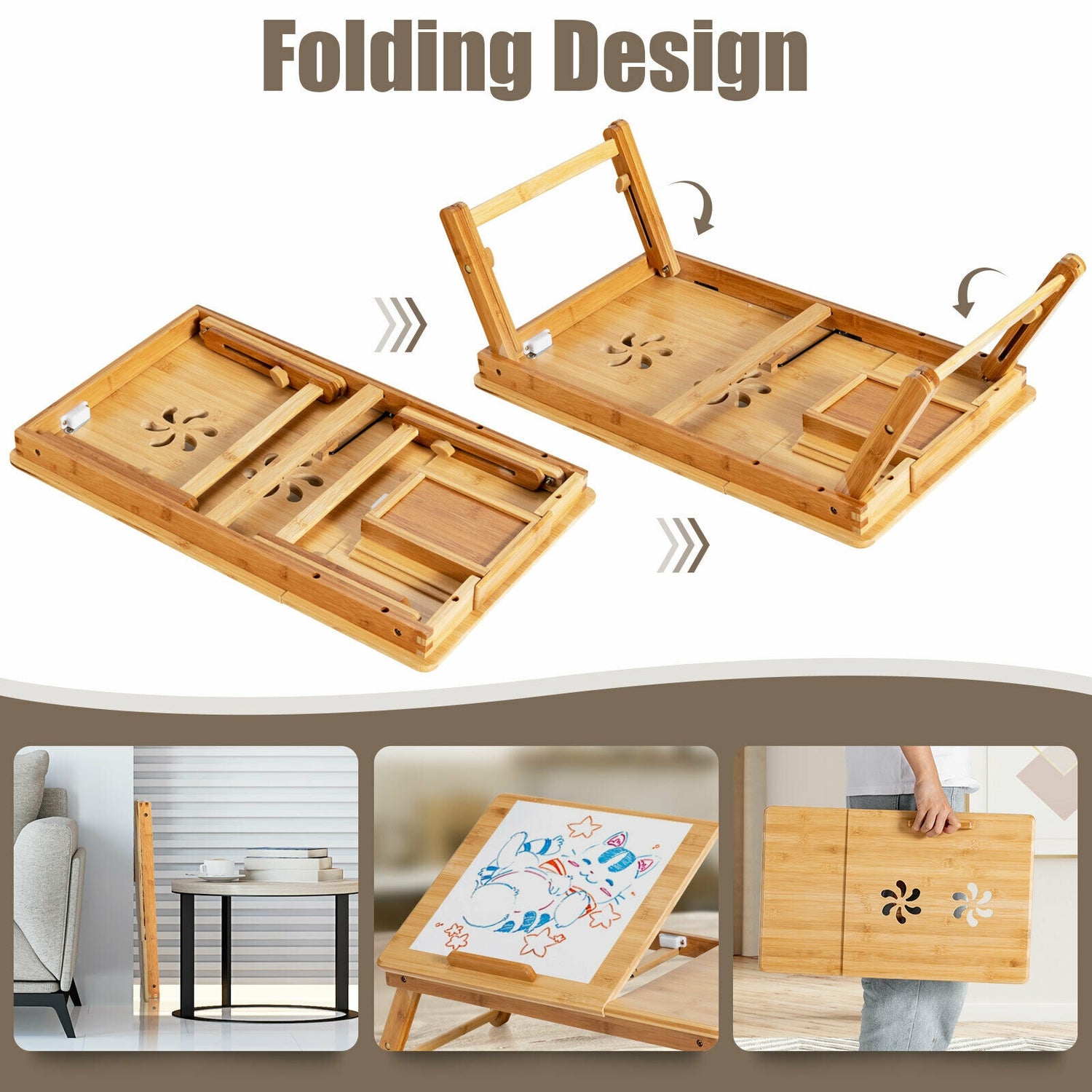 Bamboo Laptop Lap Tray with Adjustable Legs and Tilting Heat-dissipation Top