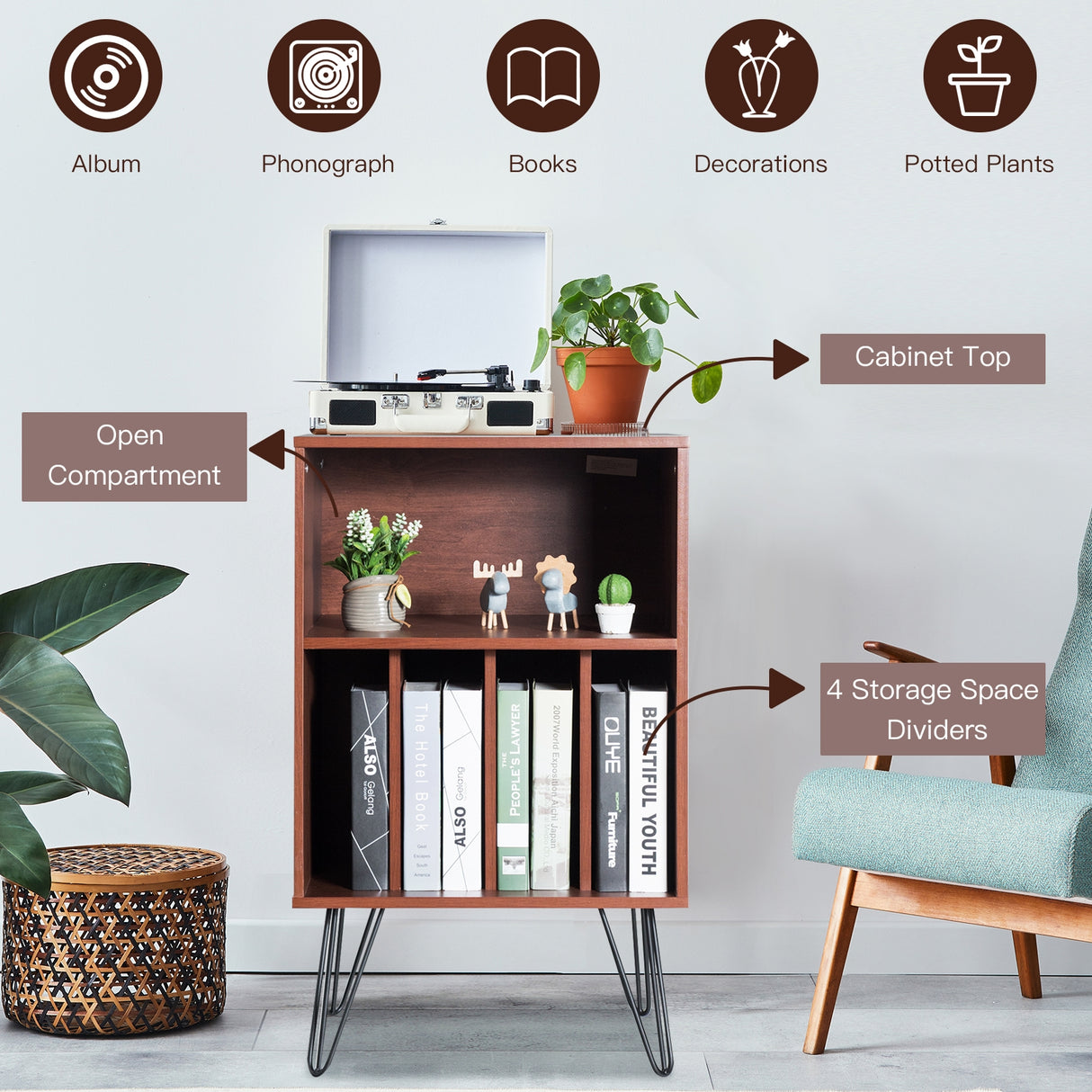 Freestanding Record Player Stand Storage Cabinet with Metal Legs