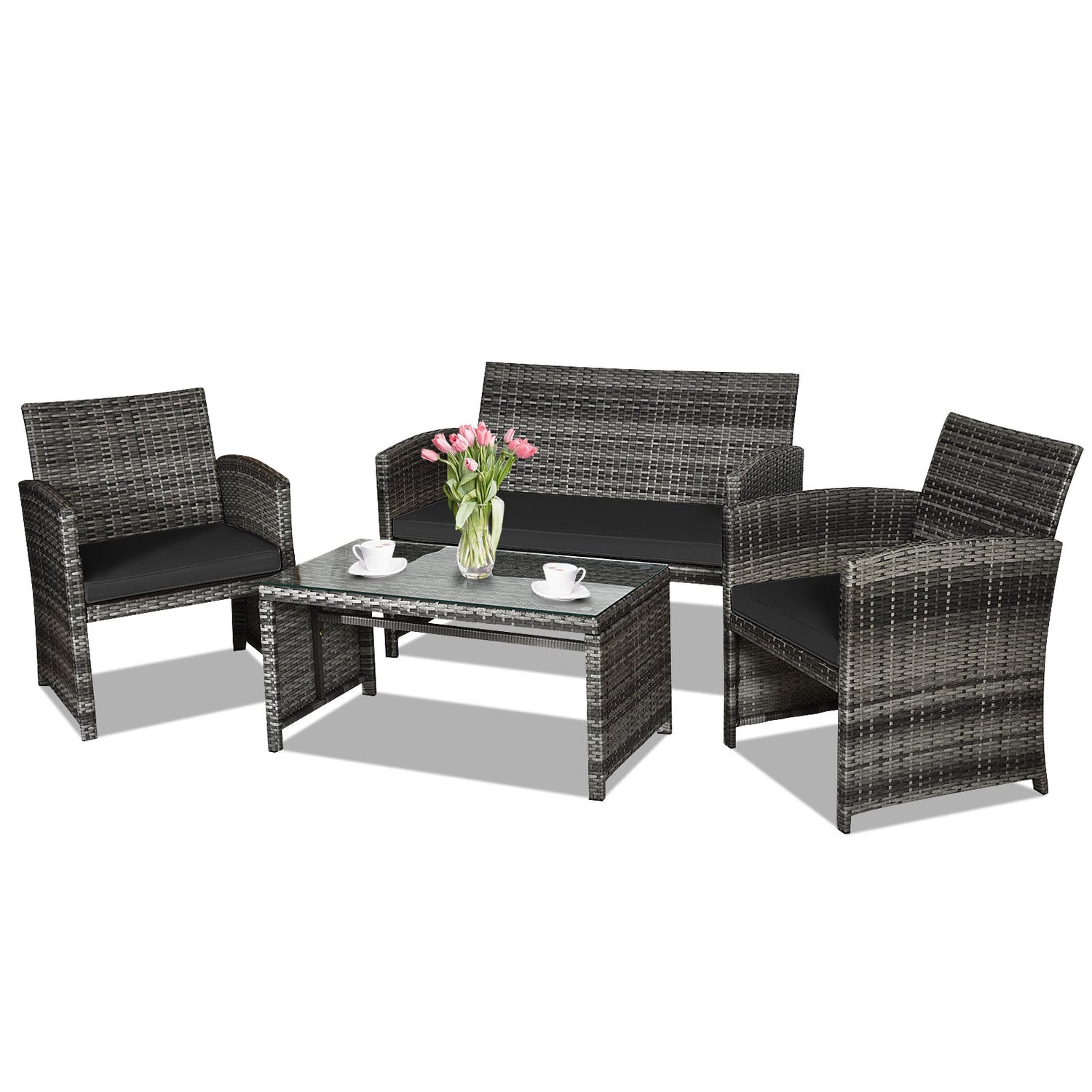 4 Pcs Patio Rattan Furniture Set Top Sofa With Glass Table